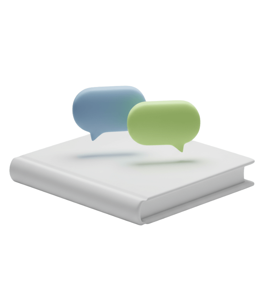 Libros y globos de conversación que representan las asesorías estratégicas de Kualiti.